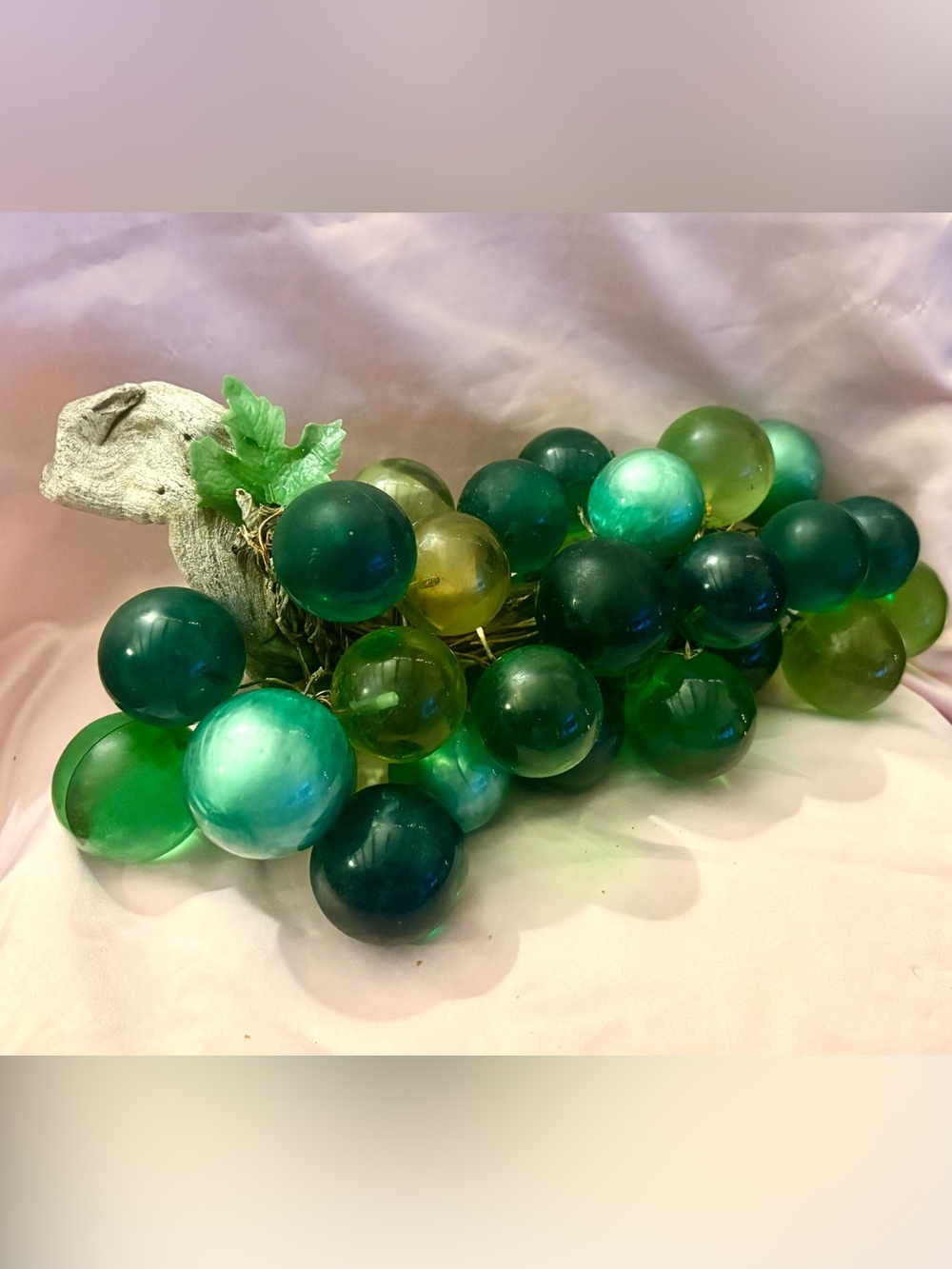 Vintage MCM Large Multi Green Colors Lucite Grape Cluster on Driftwood